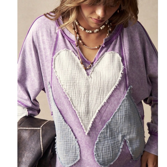 Mineral Wash Notched Neck Heart Patch Reverse Stitch Long Sleeve Top - Picture 2 of 6